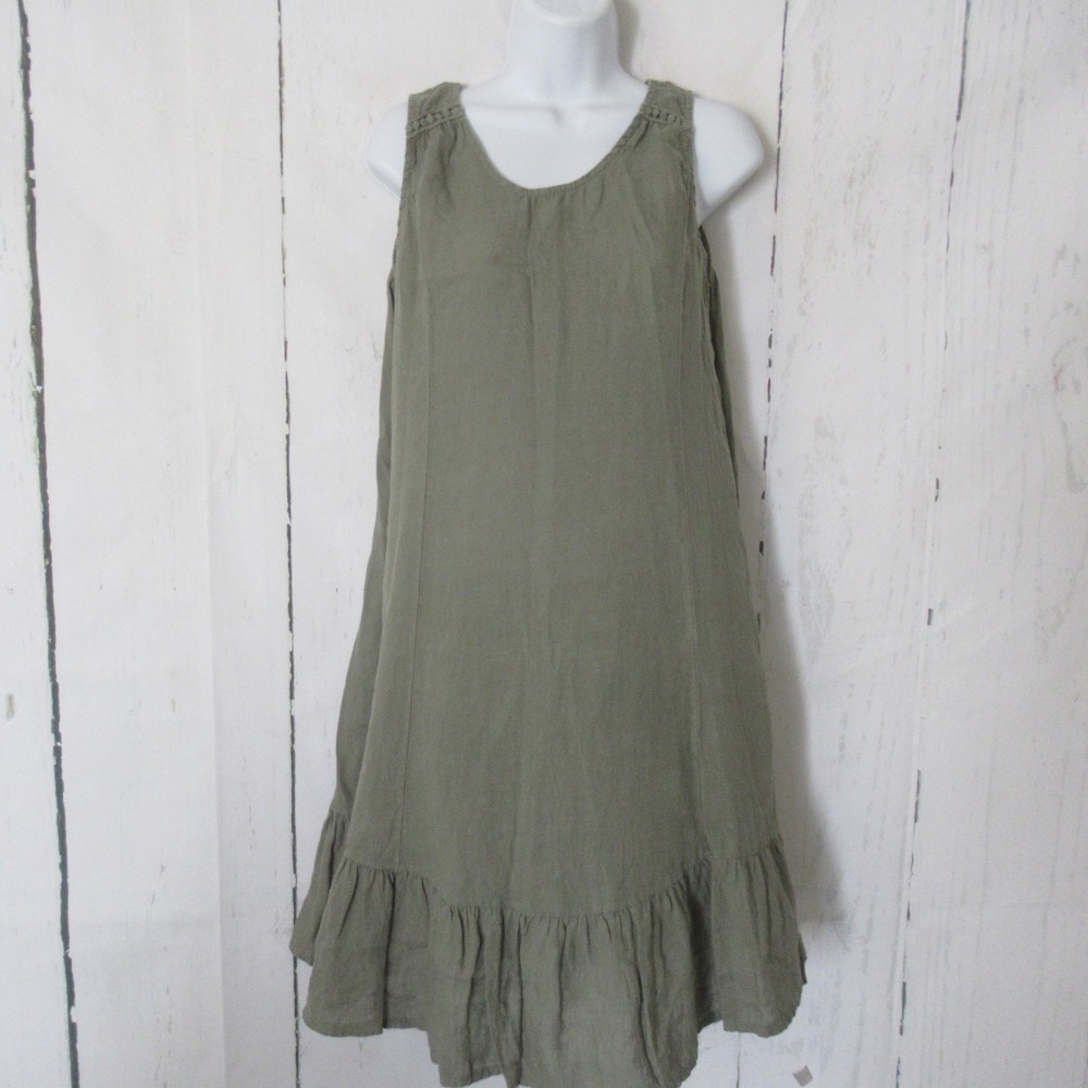 Terzo‎ Millennio Dress S Small Olive Green Ruffle Hem Tank Linen Blend